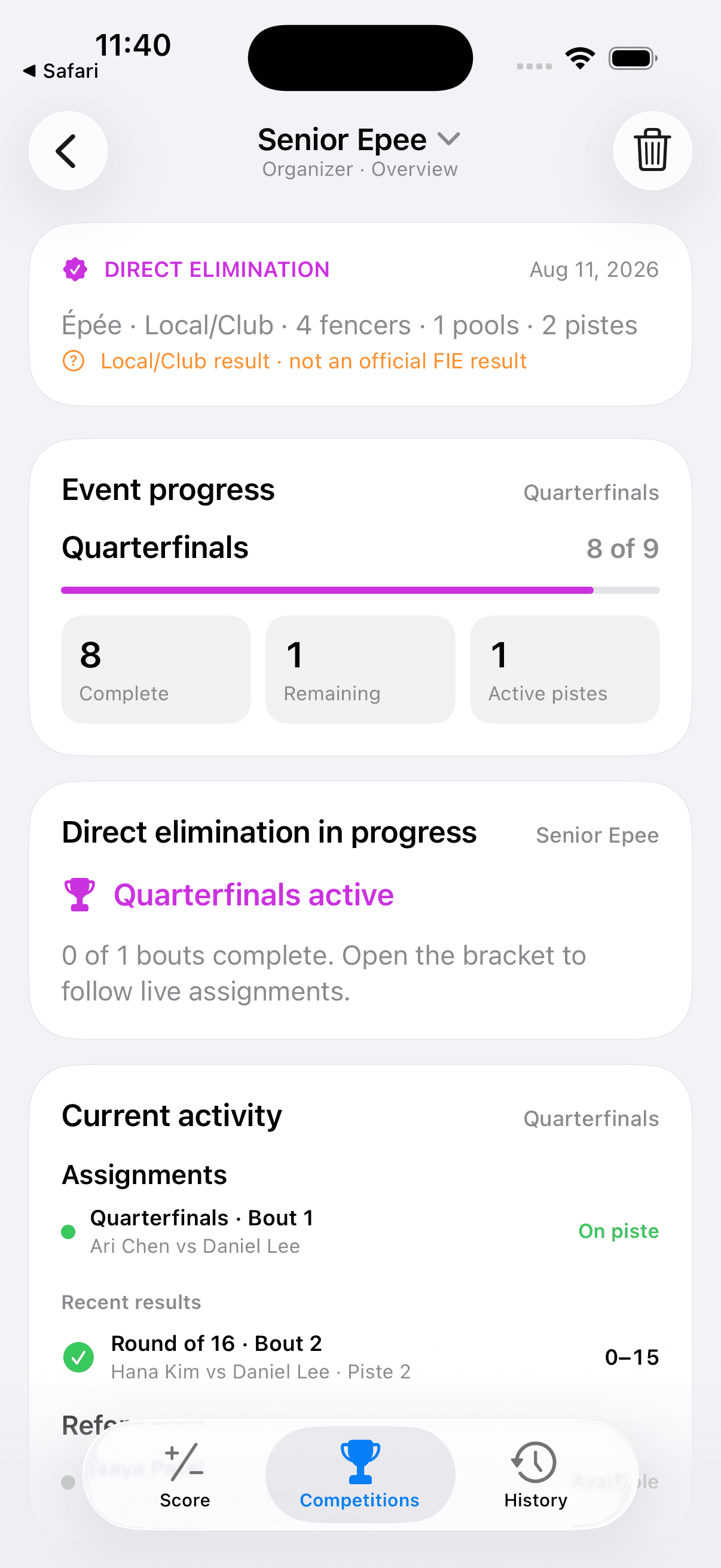 FencingScores direct elimination progress view showing quarterfinal activity, fencer names, and a recent result.