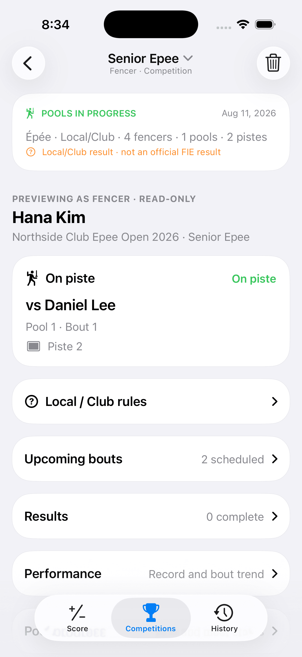 FencingScores organizer preview of a fencer view showing an opponent, piste, and upcoming bouts.